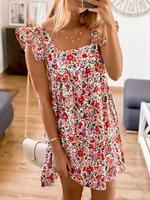 Women's Ditsy Floral Print Square Neck Dress, Elegant Fashion Casual Short Dress for Daily Outdoor Wear, Ladies Dress for Sum...