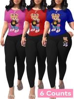 Women's Cartoon Bear Print Crop Tee & Skinny Pants Set, Casual Fashion Cozy Round Neck Short Sleeve T-shirt & Trousers for Da...