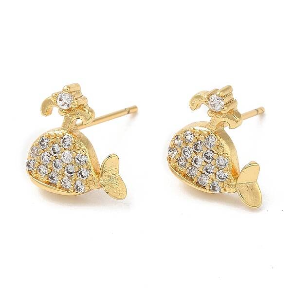 Rack Plating Brass Whale Stud Earrings with Cubic Zirconia