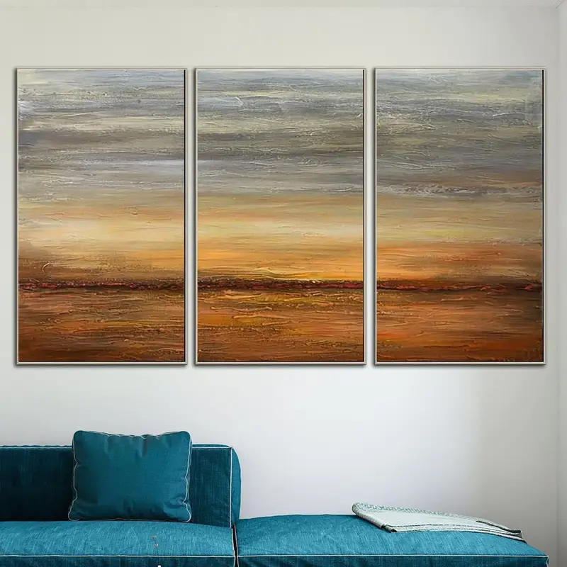 Original Landscape Set Of 3 Paintings On Canvas Orange Painting Original Oil Artwork Handmade Triptych Paintings | ORANGE SUN...