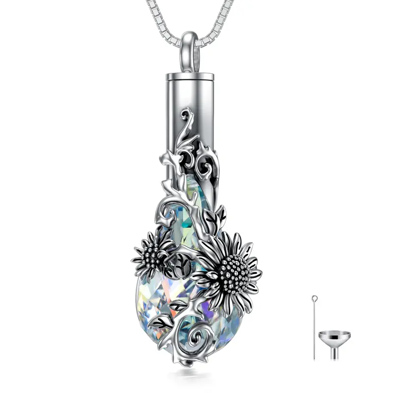 Sterling Silver Crystal Sunflower & Drop Shape Urn Necklace for Ashes