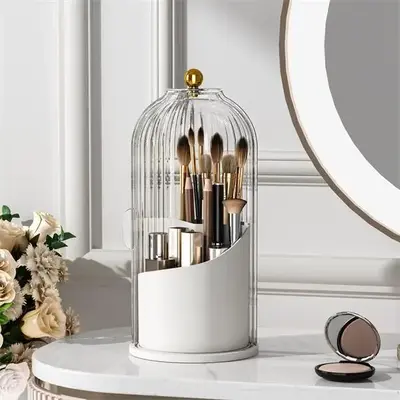Makeup Brush Holder Organizer with Lid,360 Rotating Clear Dustproof Makeup Brushe Organizer Boxes for Vanity Desktop Bathroom...