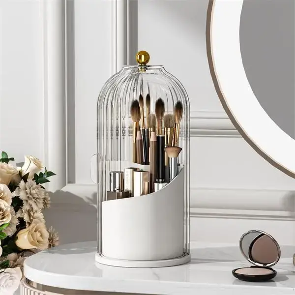 Makeup Brush Holder Organizer with Lid,360 Rotating Clear Dustproof Makeup Brushe Organizer Boxes for Vanity Desktop Bathroom...
