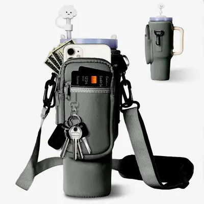 Portable Water Bottle Holder with Phone Pouch, 1 Count Water Bottle Carrier Bag with Carabiner & Strap, Suitable for Hiking &...