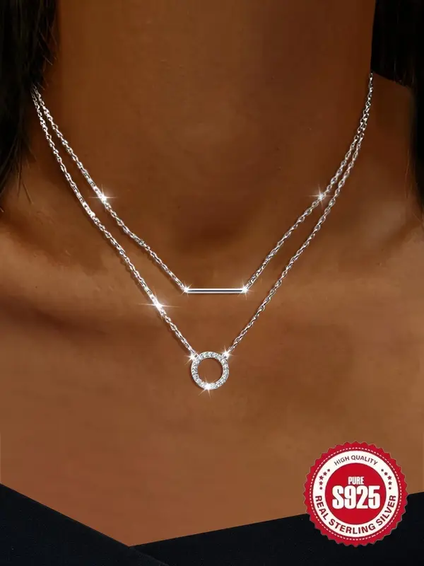 925 Sterling Silver Rhinestone Decor Ring Design Layered Necklace, Fashion Jewelry for Party, Daily Clothing Decor, Trendy Al...