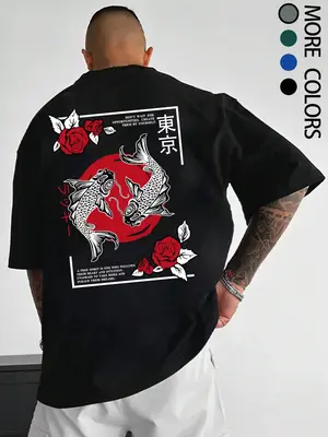 Unisex Fish & Letter Graphic Half Sleeve Tee, Tokyo City Name Print T-shirt, Casual Soft Comfy Men's Top for All Seasons