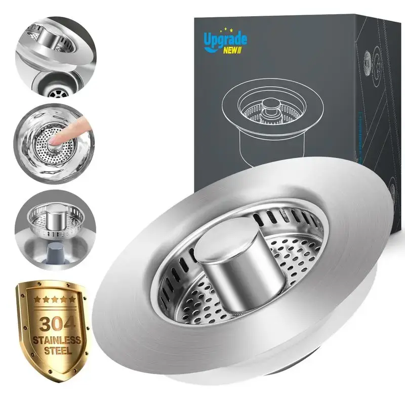 Durable Stainless Steel Sink Strainer & Stopper, 3-in-1 Basket Design, Deodorizing & Anti-Clogging  for US Standard 3-1/2 Inc...