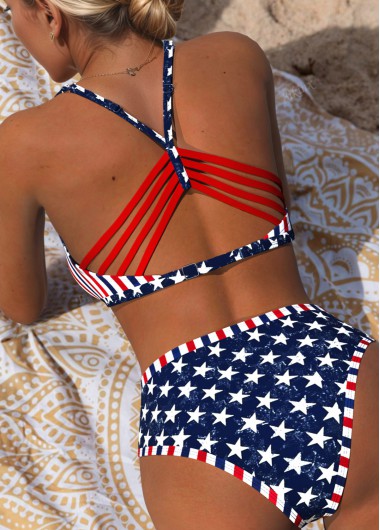 Modlily Mid Waisted American Flag Print Navy Bikini Set - M