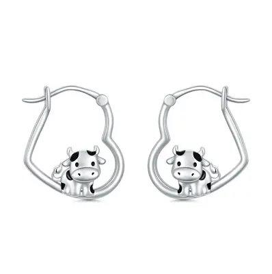 Sterling Silver Cow & Heart Hoop Earrings