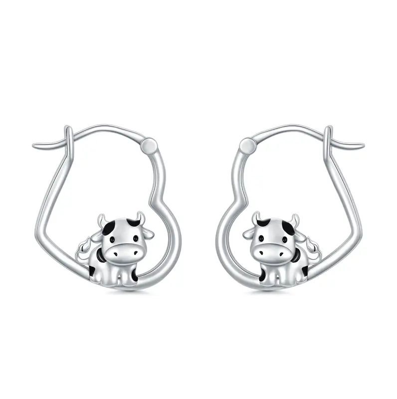 Sterling Silver Cow & Heart Hoop Earrings