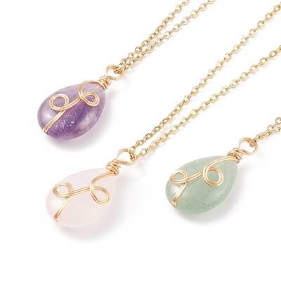 Natural Gemstone Teardrop Pendant Necklace