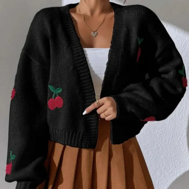 Embroidered Open Front Women's Graphic Cherry Cardigan Open Front Cable Knit Lantern Sleeve Cropped Cardigan Sweater