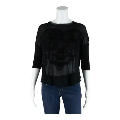 ZARA W&B COLLECTION Velvet Heart Sheer Front Black Short Sleeve Top Womens S