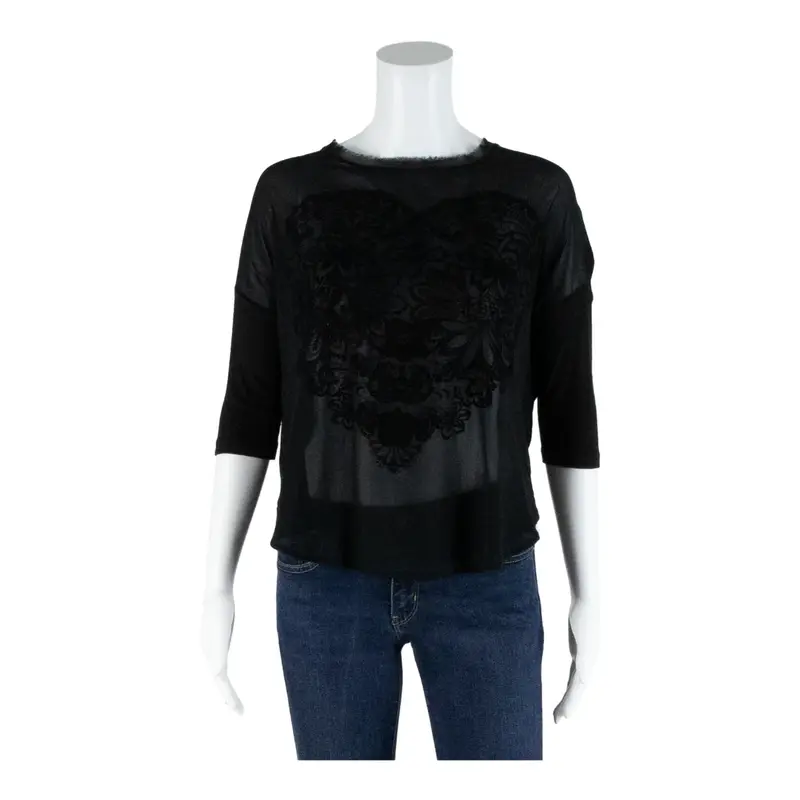 ZARA W&B COLLECTION Velvet Heart Sheer Front Black Short Sleeve Top Womens S