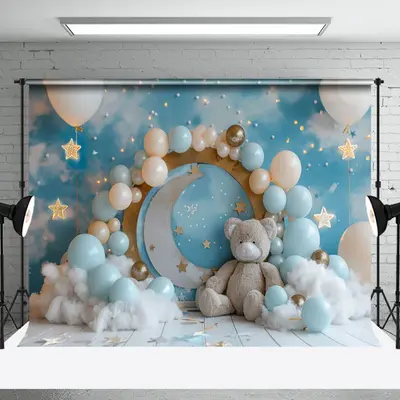 Aperturee Blue Starry Night Bear Balloon Cake Smash Backdrop, 3X2FT(1MX0.6M), 14 USD, birthday cake smash backdrops, NYHD2I21...