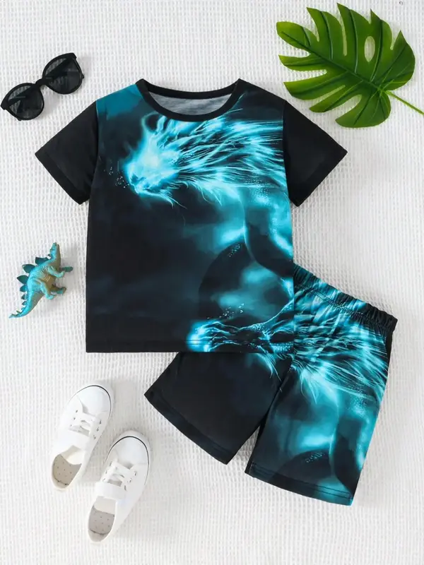 Boy's Dragon Print Short Sleeve Tee & Shorts Two-piece Set, Casual Round Neck T-shirt & Shorts, Summer Clothes for Kids Outdo...