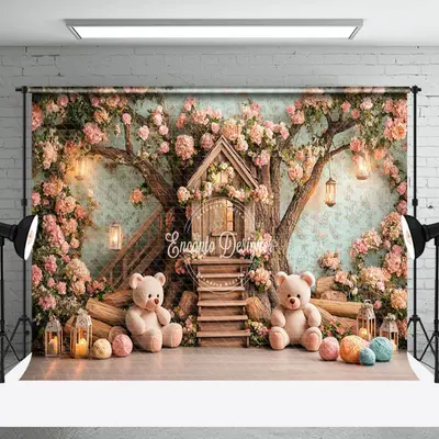 Aperturee Pink Dense Floral Tree House Bear Cake Smash Backdrop | Photography Photo Background | Best Background Photoshoot |...
