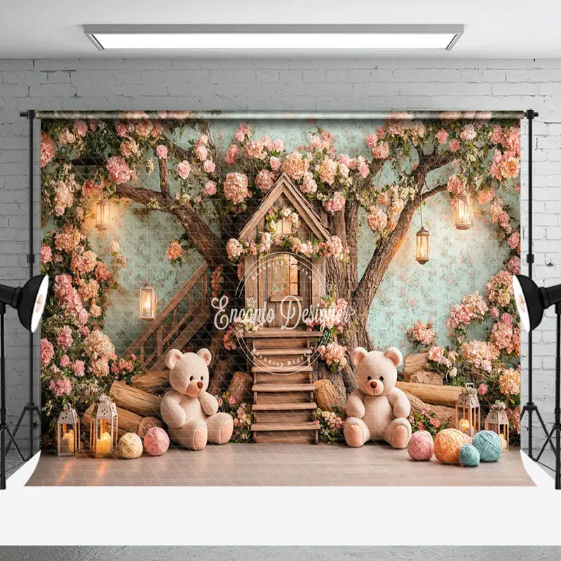 Aperturee Pink Dense Floral Tree House Bear Cake Smash Backdrop | Photography Photo Background | Best Background Photoshoot |...