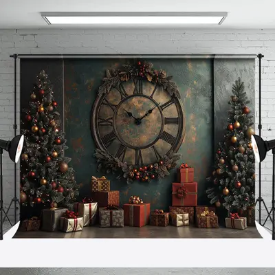 Vintage Green Wall Clock Tree Christmas Backdrop - Aperturee
