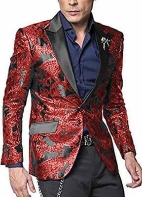 Alberto Nardoni Shiny Hot Red Tuxedo Dinner Blazer Jacket Sport Coat Paisley Floral Pattern Mix Two Toned