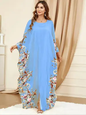 Women's Floral Print Batwing Sleeve Kaftan Dress, Modesty Fashion Long Sleeve Dress for Daily Outdoor Wear, Dresses for Women...