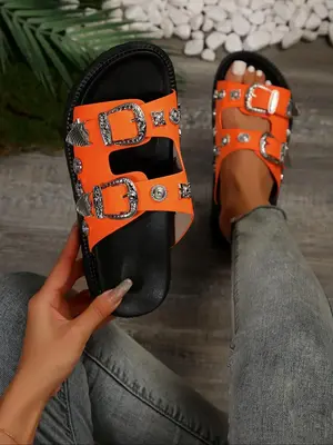 Women's Fashionable Non-slip Studded Decor Slide Sandals, Casual Versatile Slide Sandals for Summer, Lightweight Breathable C...