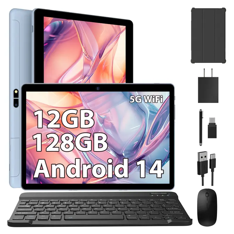 POWMUS | YUMKEM Student Tablets 10inch Android 14 with Keyboard Mouse, 12GB RAM 128GB ROM 1TB Expandable, Octa-core, 1280x800...