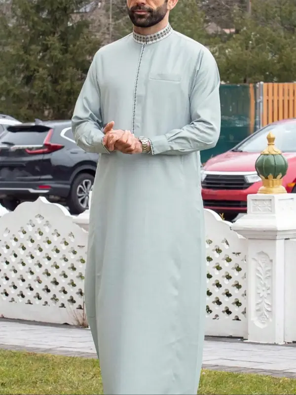 Men's Embroidery Robe, Loose Casual Long Sleeve Thobe, Men's Muslim Islamic Clothing for Daily Wear, Kurta for Men