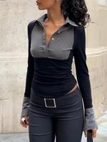 Women's Colorblock Patchwork & Striped Print 2 in 1 Polo Shirt, Casual Flounce Sleeve Buttons Top for Fall, Ladies Clothes fo...