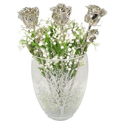Past, Present and Future 17 Platinum Roses in Tree of Life Vase