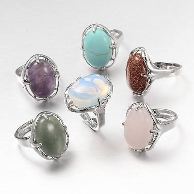 Adjustable Oval Gemstone Wide Band Rings