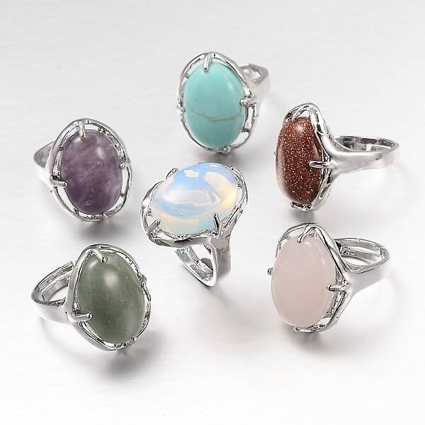 Adjustable Oval Gemstone Wide Band Rings