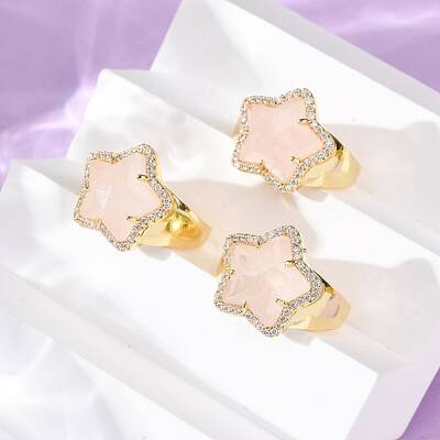 Star Natural Rose Quartz Cubic Zirconia Cuff Rings