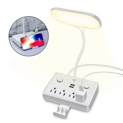 Power Strip with LED Desk Lamp, 3 Outlets 2 USB Ports  for Home Office Bedroom Bedside, Study Reading Light, 4ft Extension Co...