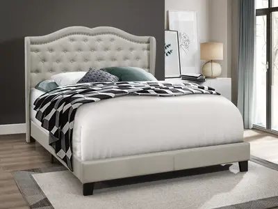 Favorer Aden Classic Style Upholstered Panel Bed with Button Tufted Headboard and Nailhead Trim, Available in Warm Gray and G...