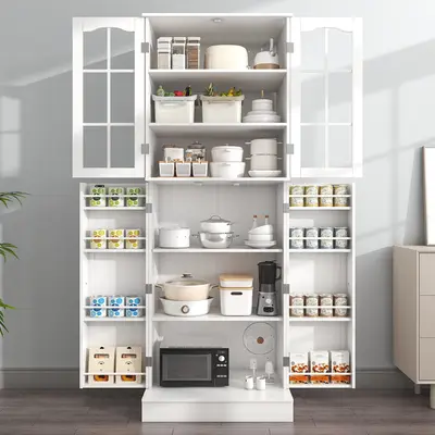 64” Kitchen Pantry Cabinets, White Freestanding Kitchen Pantry Storage Cabinet with Adjustable Shelves & Doors, Buffet Cupb...