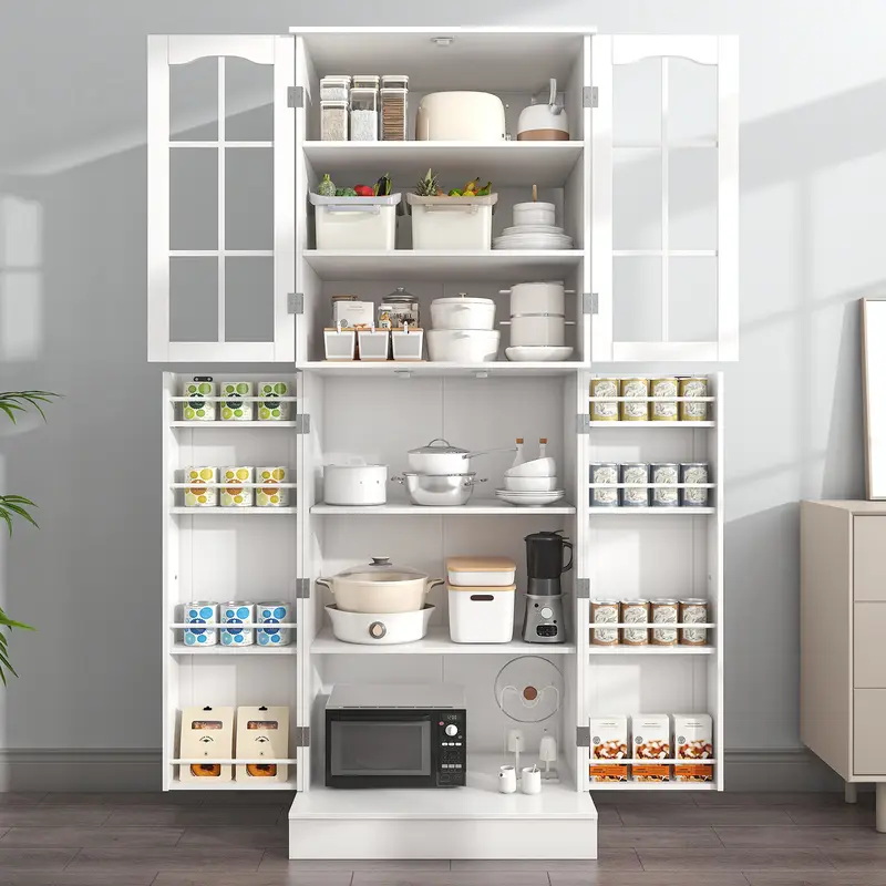 64” Kitchen Pantry Cabinets, White Freestanding Kitchen Pantry Storage Cabinet with Adjustable Shelves & Doors, Buffet Cupb...