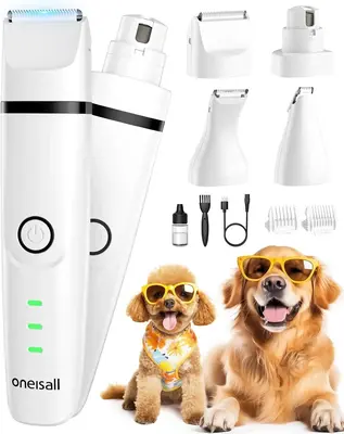 oneisall 4 in 1 Dog Clippers, 2 Speed Dog Paw Trimmer & Nail Grinder, Low Noise Rechargeable Dog Grooming Kit with Guards,Cor...