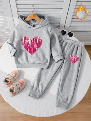 Girls' Fall & Winter Fleece Lined 2-Piece Set, Long Sleeve Hooded Sweatshirt, Heart Print, Casual Knit, Perfect Gift, Hoodies