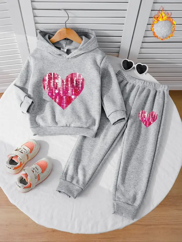 Girls' Fall & Winter Fleece Lined 2-Piece Set, Long Sleeve Hooded Sweatshirt, Heart Print, Casual Knit, Perfect Gift, Hoodies