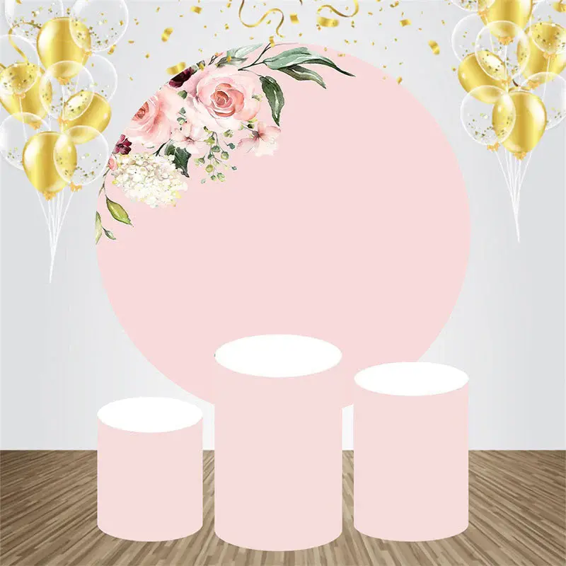 Pink Floral Simple Round Backdrop Kit For Wedding - Aperturee