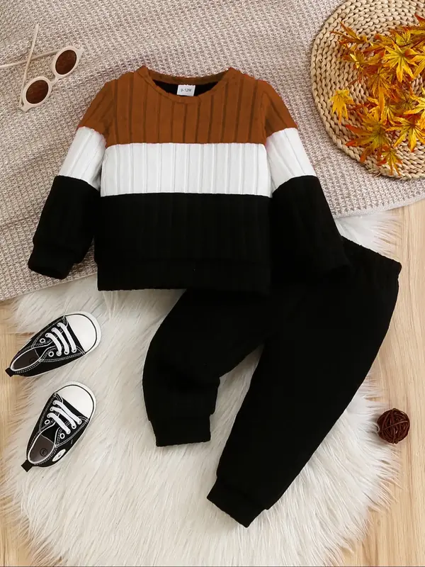 Boys' Three-Color Patchwork Casual Fashion Long Sleeve Pants Set, Autumn Winter, Comfortable & Stylish Design for Kids