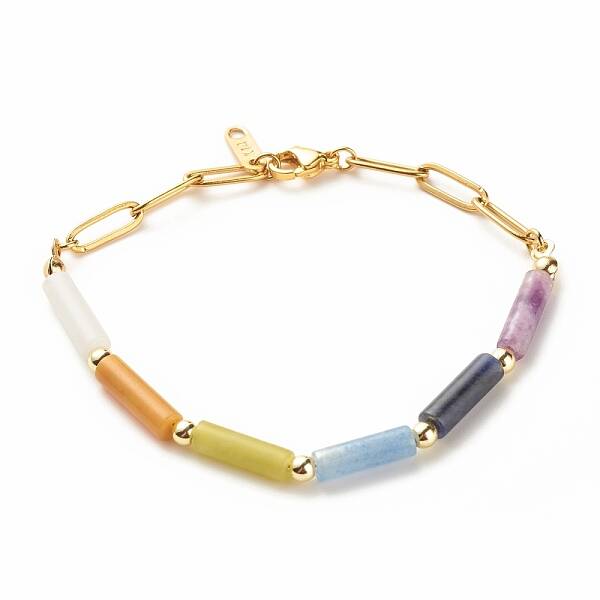 Natural Mixed Gemstone Curved Tube Beaded Bracelet with 304 Stainless Steel Paperclip Chains