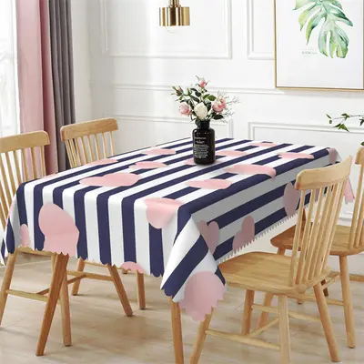 Pink Heart Blue White Stripes Rectangle Tablecloth - Aperturee