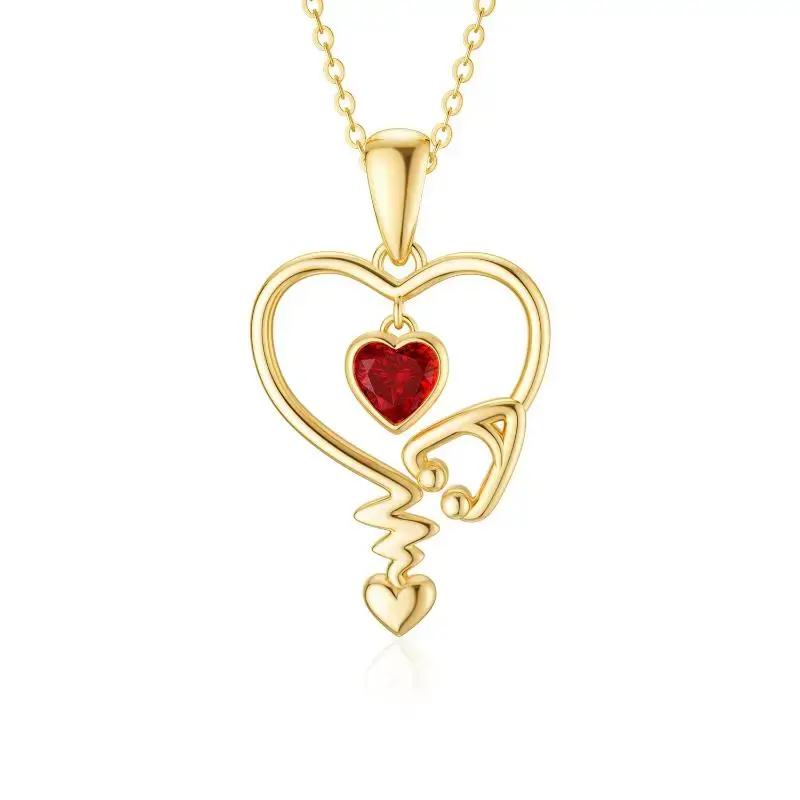 14K Gold Cubic Zirconia Stethoscope Pendant Necklace