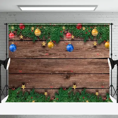 Aperturee Colorful Bells Brown Wood Grain Christmas Backdrop - Aperturee