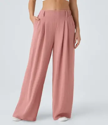 Halara High Waisted Plicated Side Pocket Wide Leg Flowy Solid Palazzo Casual Linen-Feel Pants, Teacher Outfits