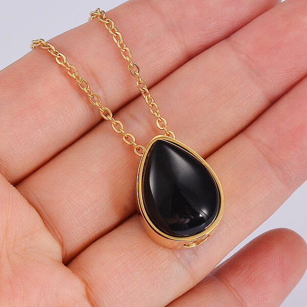 Natural Dyed & Heated Black Agate Teardrop Urn Ashes Pendant Necklace