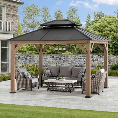 SUNJOY 10x12 Wood Gazebo with 2-tier Metal Roof and Ceiling Hook - Weathered Cedar