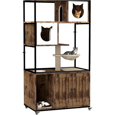 Garvee Cat Litter Box Enclosure Hidden Litter Box Multi-Level Play Area Durable Particleboard Metal Frame Anti-Tip Kit Wheels...